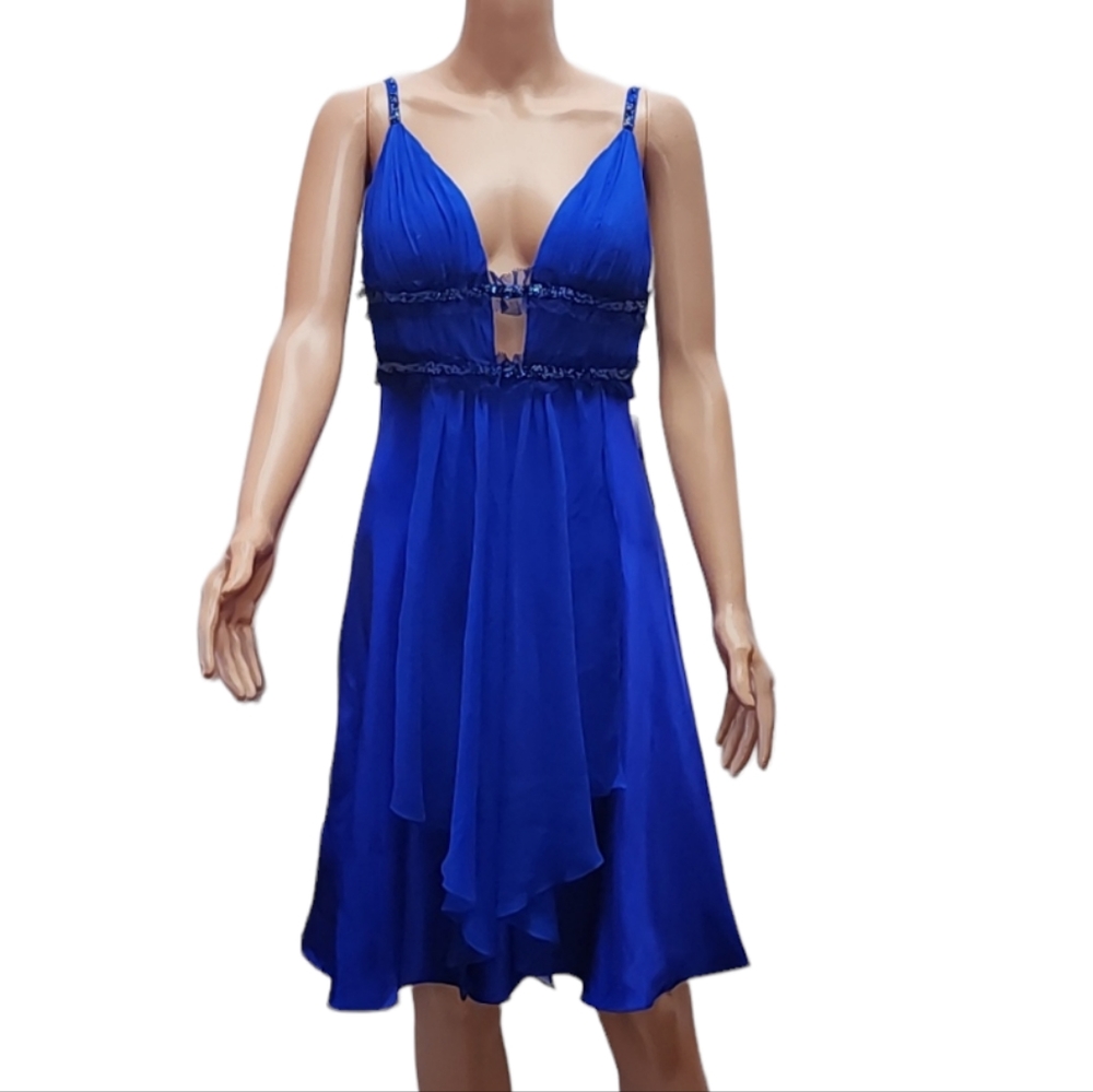 Anthropologie Marc Bouwer Royal‎ blue dress rhinestones Silk cocktail party Sz 2